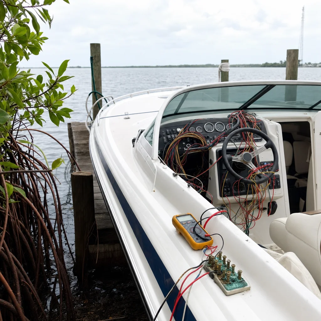 Electrical diagnostic equipment and wiring harness exposed inside boat cabin at Stuart marina dock.