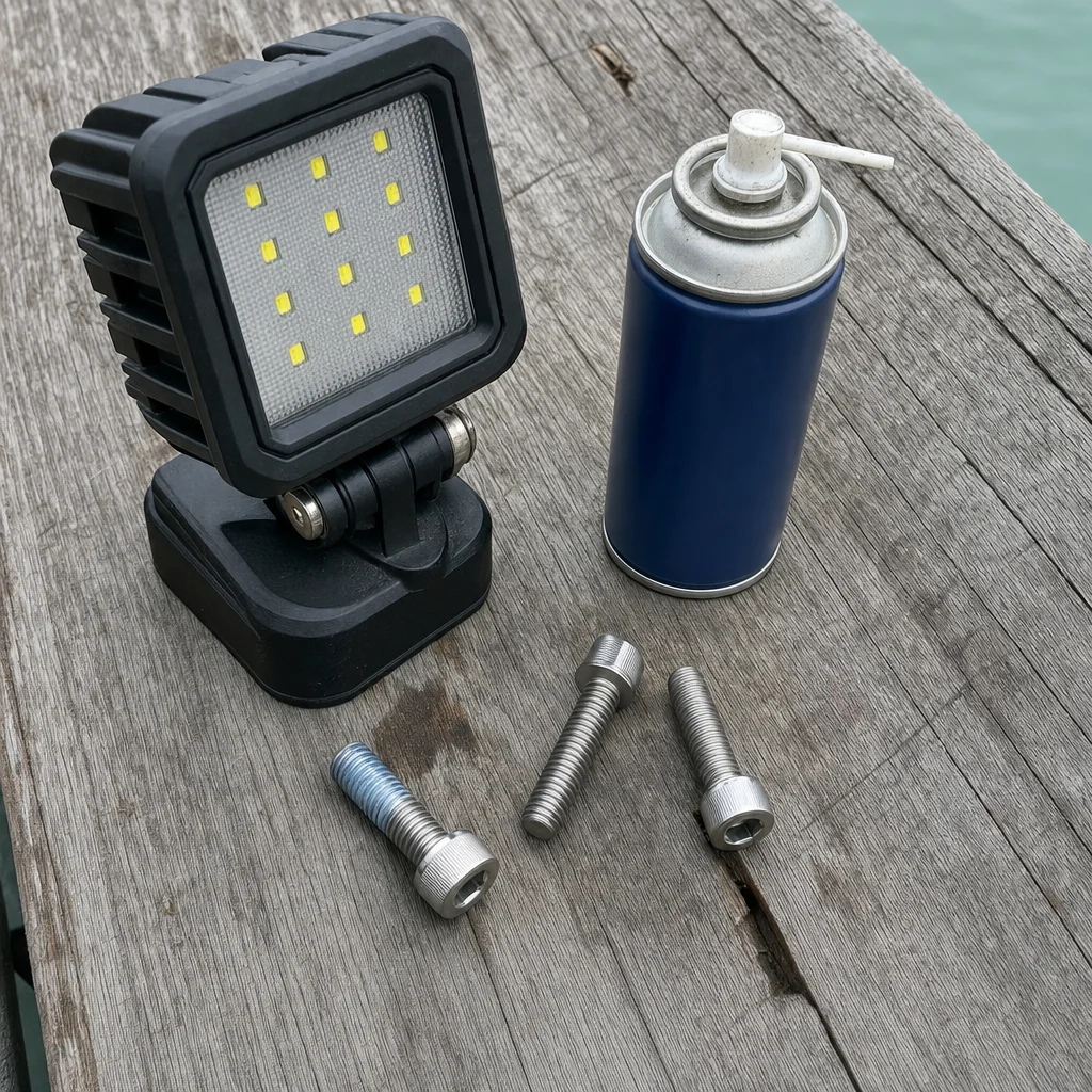 LED work light, lubricant spray, and stainless fasteners arranged on weathered dock decking with turquoise water visible.