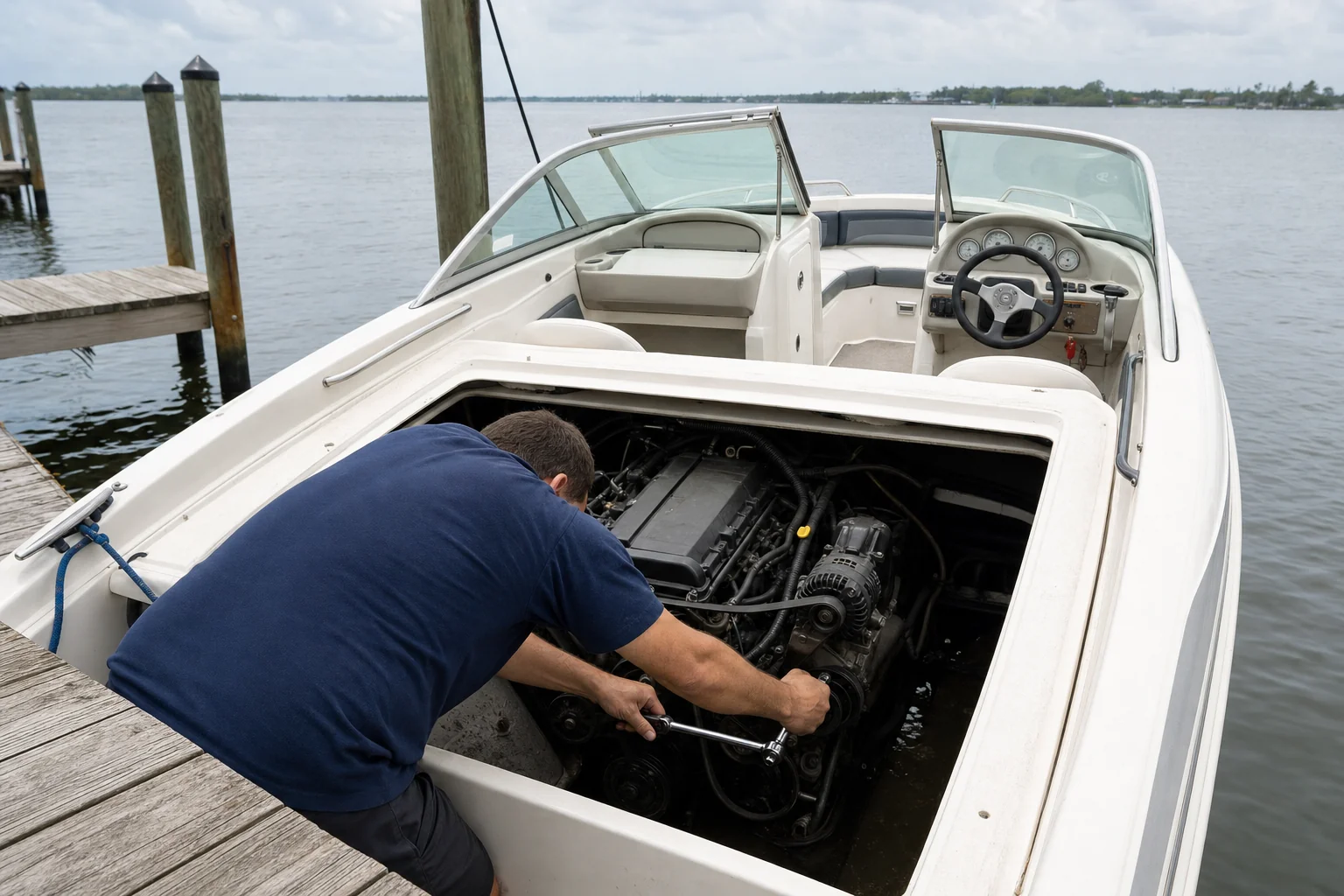 Mechanic working on inboard engine in boat at Stuart marina dock.