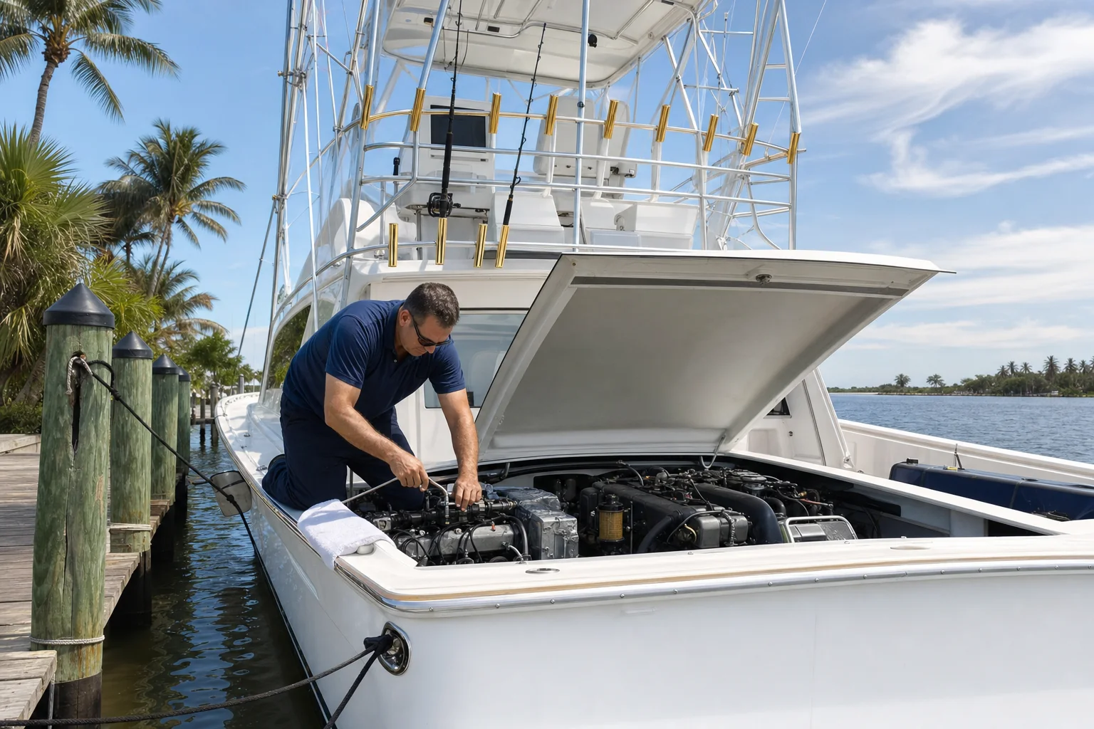 Mobile boat mechanic inspects inboard engine at Stuart marina dock with palms and moored vessel.