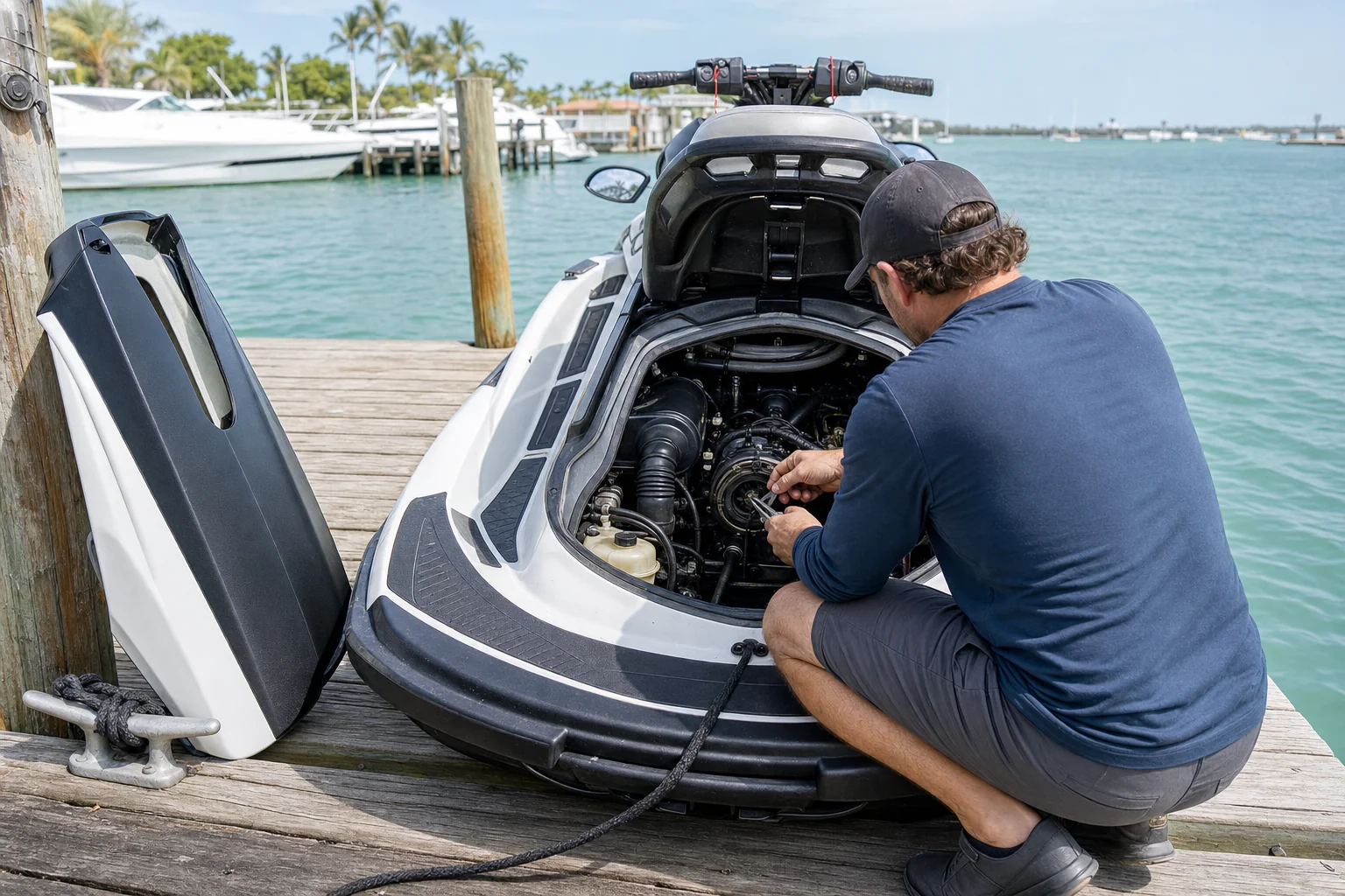 Mechanic inspects jet ski engine at Stuart marina dock with boats and palms visible.