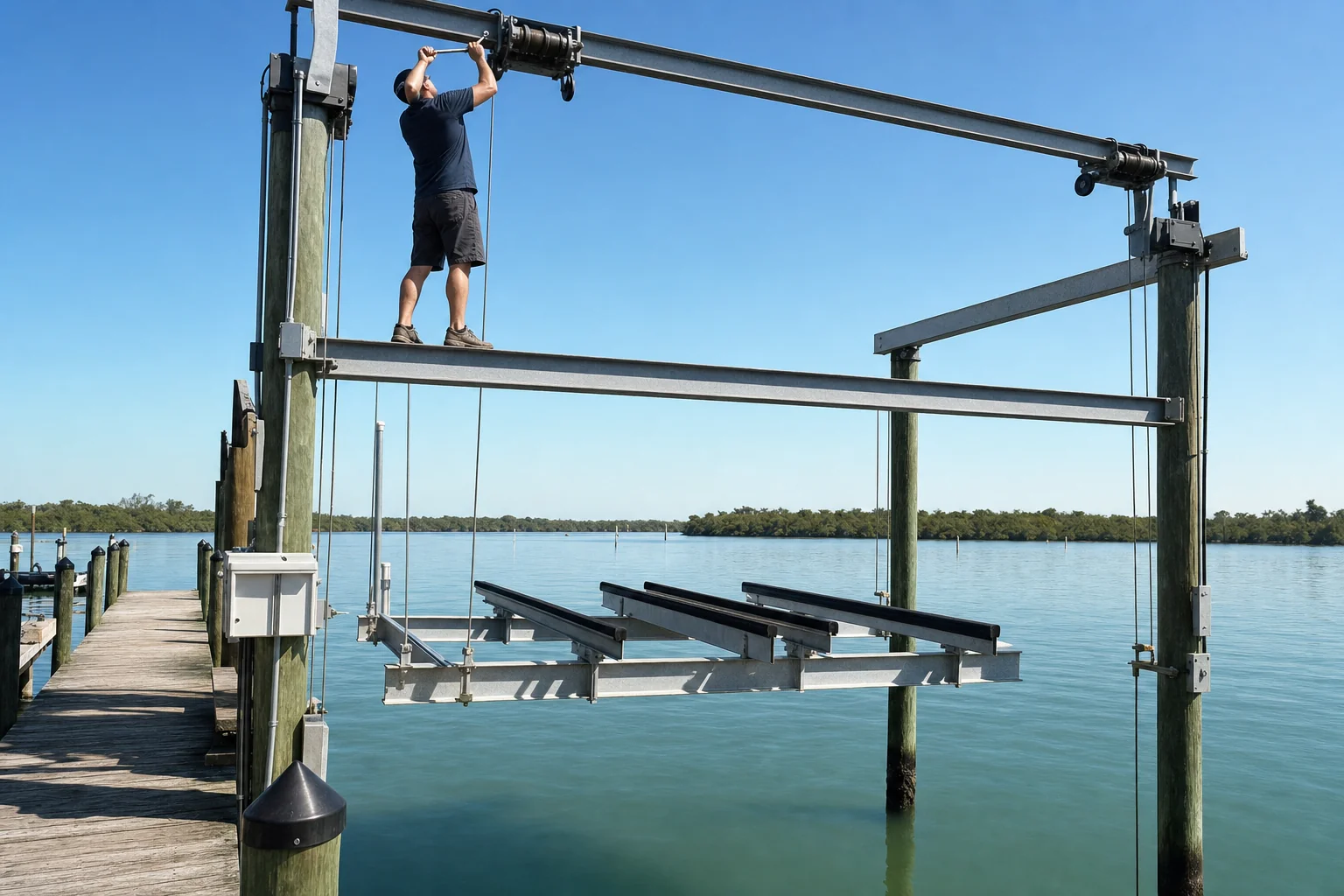 Person operating boat lift hoist at Stuart marina dock with water and mangroves visible.