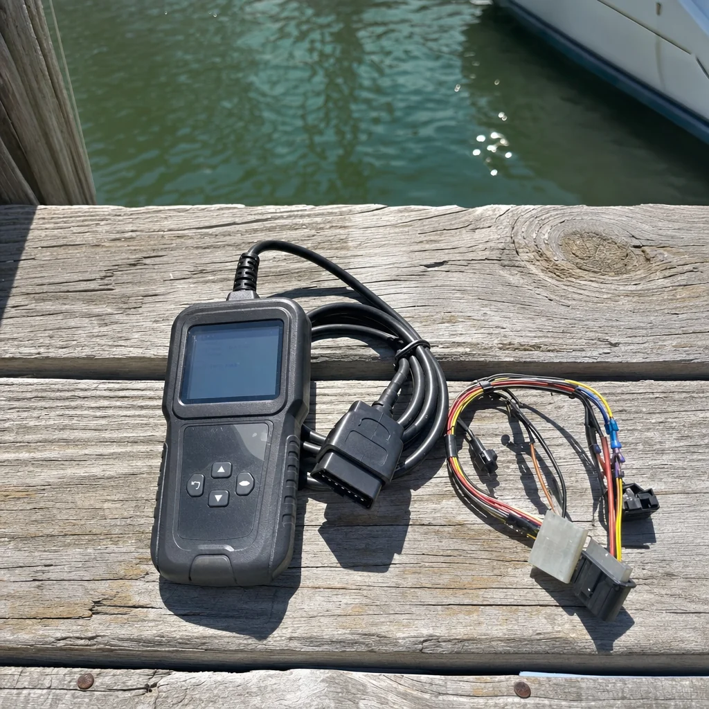 Marine diagnostic scanner with OBD connector and wiring harness on weathered dock pilings overlooking Stuart water.