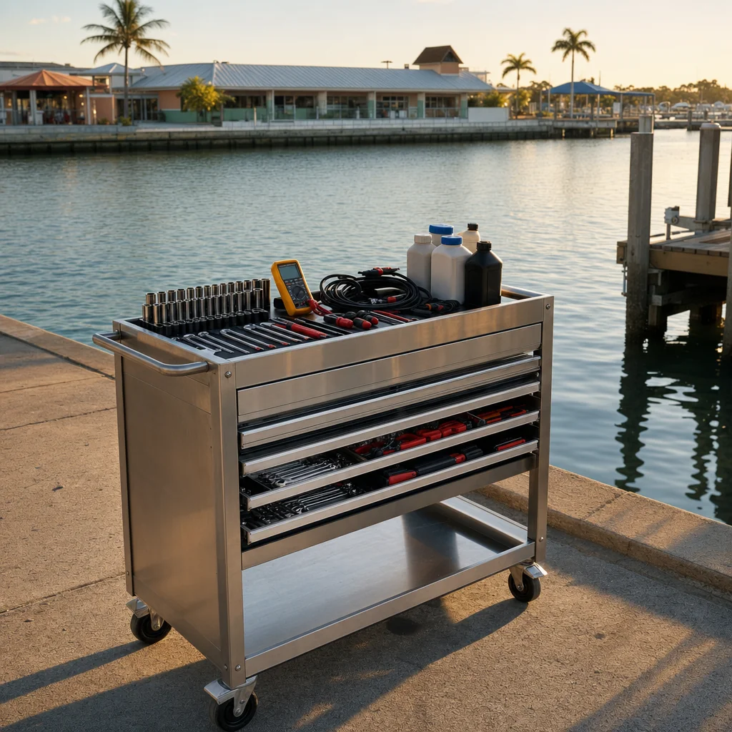 Mobile marine mechanic tool cart at Stuart waterfront dock with diagnostic equipment and fluids ready.