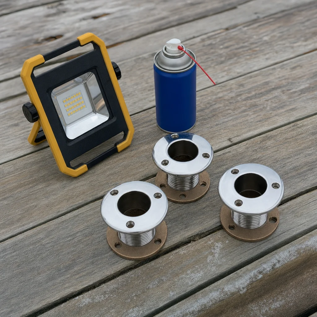 Marine through-hull fittings and diagnostic tools arranged on weathered dock decking.