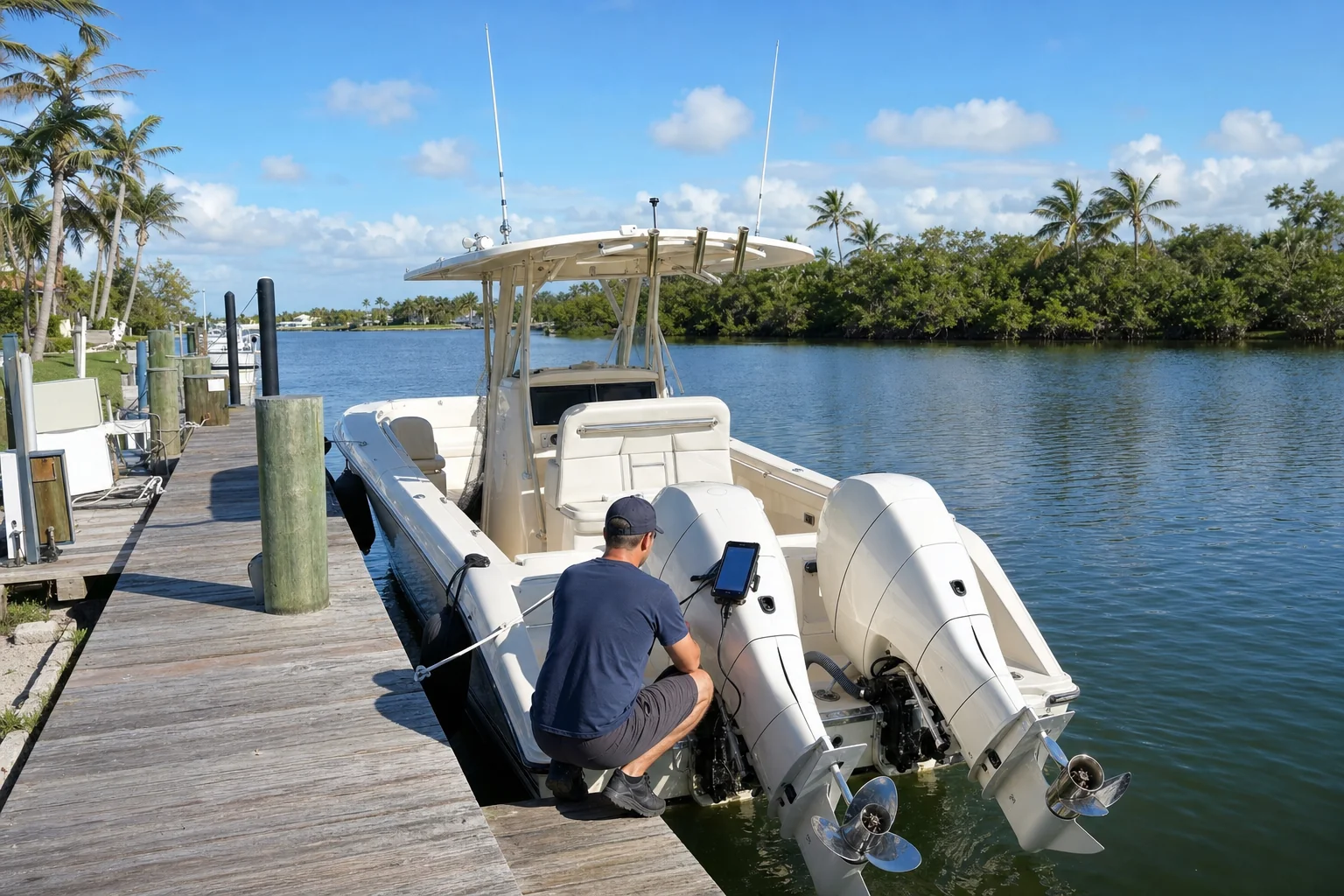 Marine mechanic performs diagnostic work on dual outboard engines at Stuart marina dock.