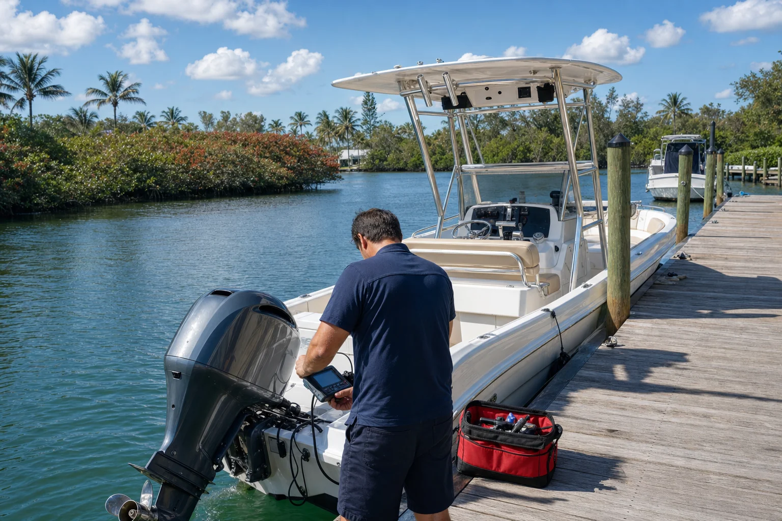 Marine mechanic performs outboard engine diagnostic on boat at Stuart dock with mangrove shoreline.