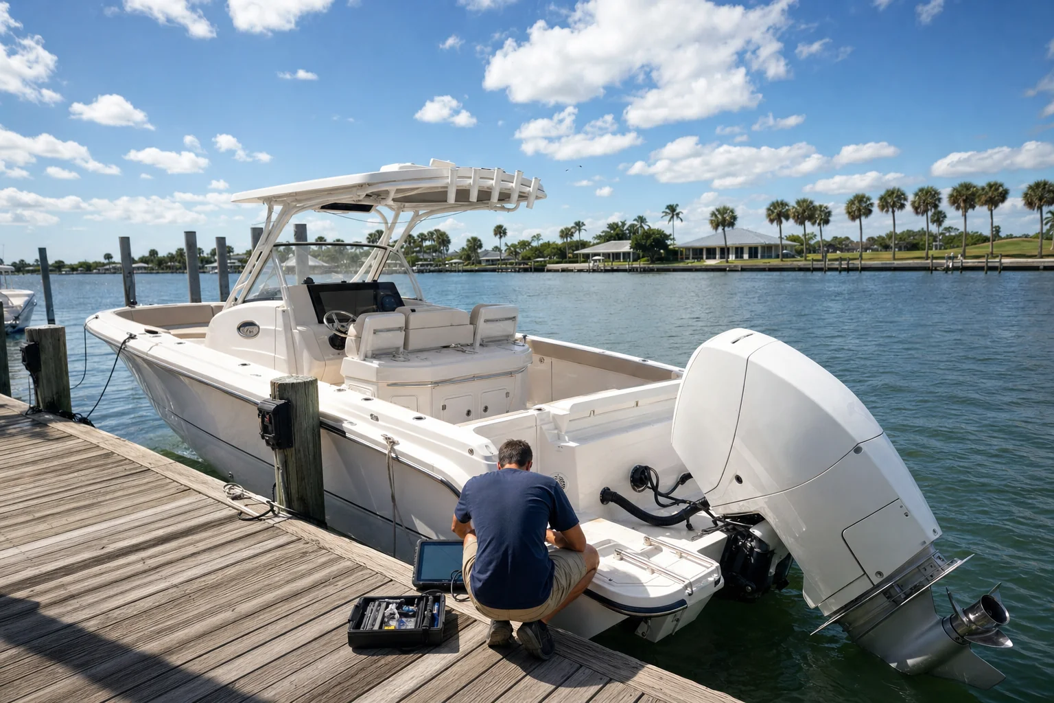 Mobile marine mechanic performs outboard engine diagnostics on recreational powerboat at Stuart dock.