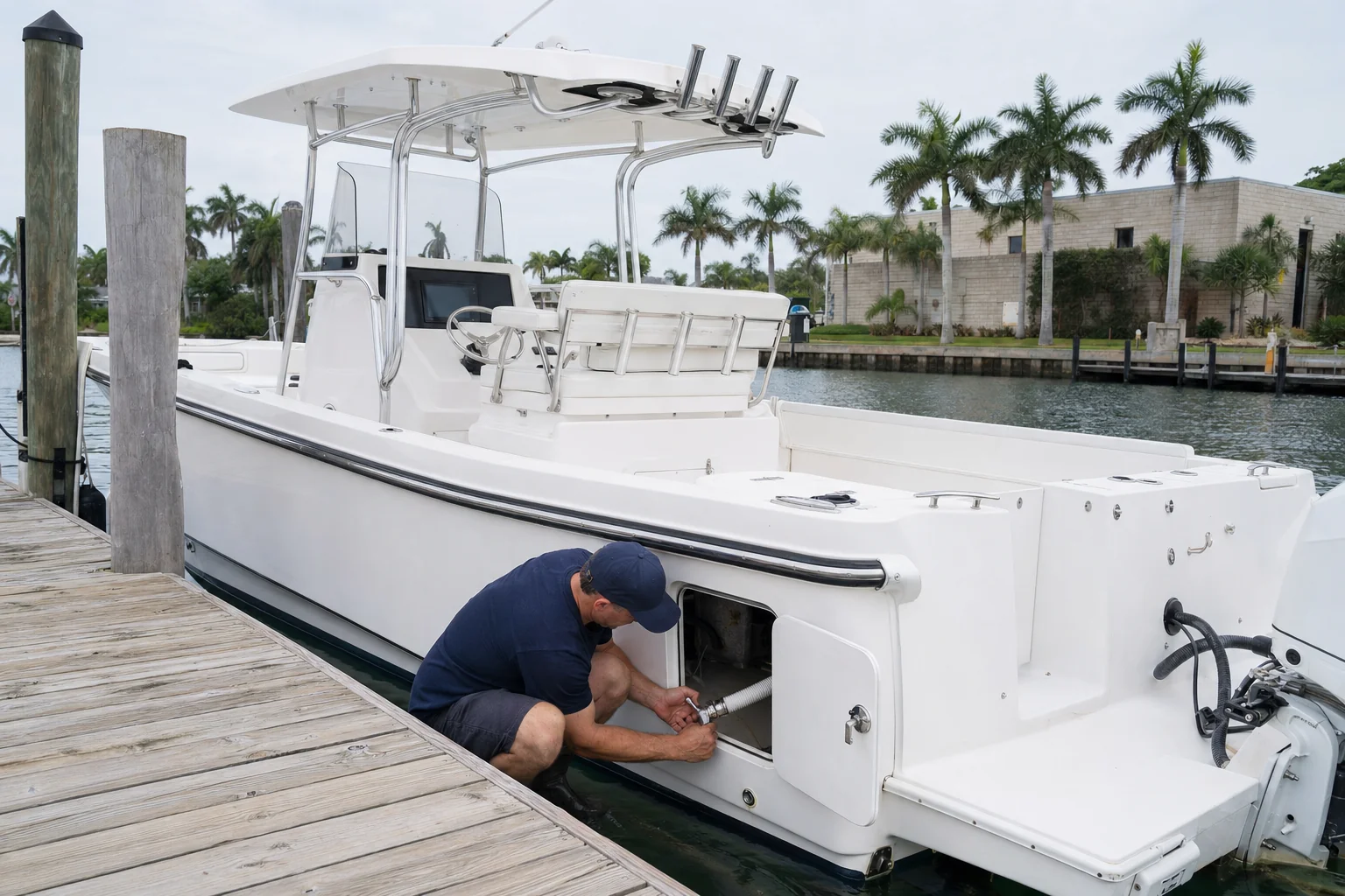 Mobile mechanic performs boat engine diagnostics at Stuart marina dock, accessing engine compartment.