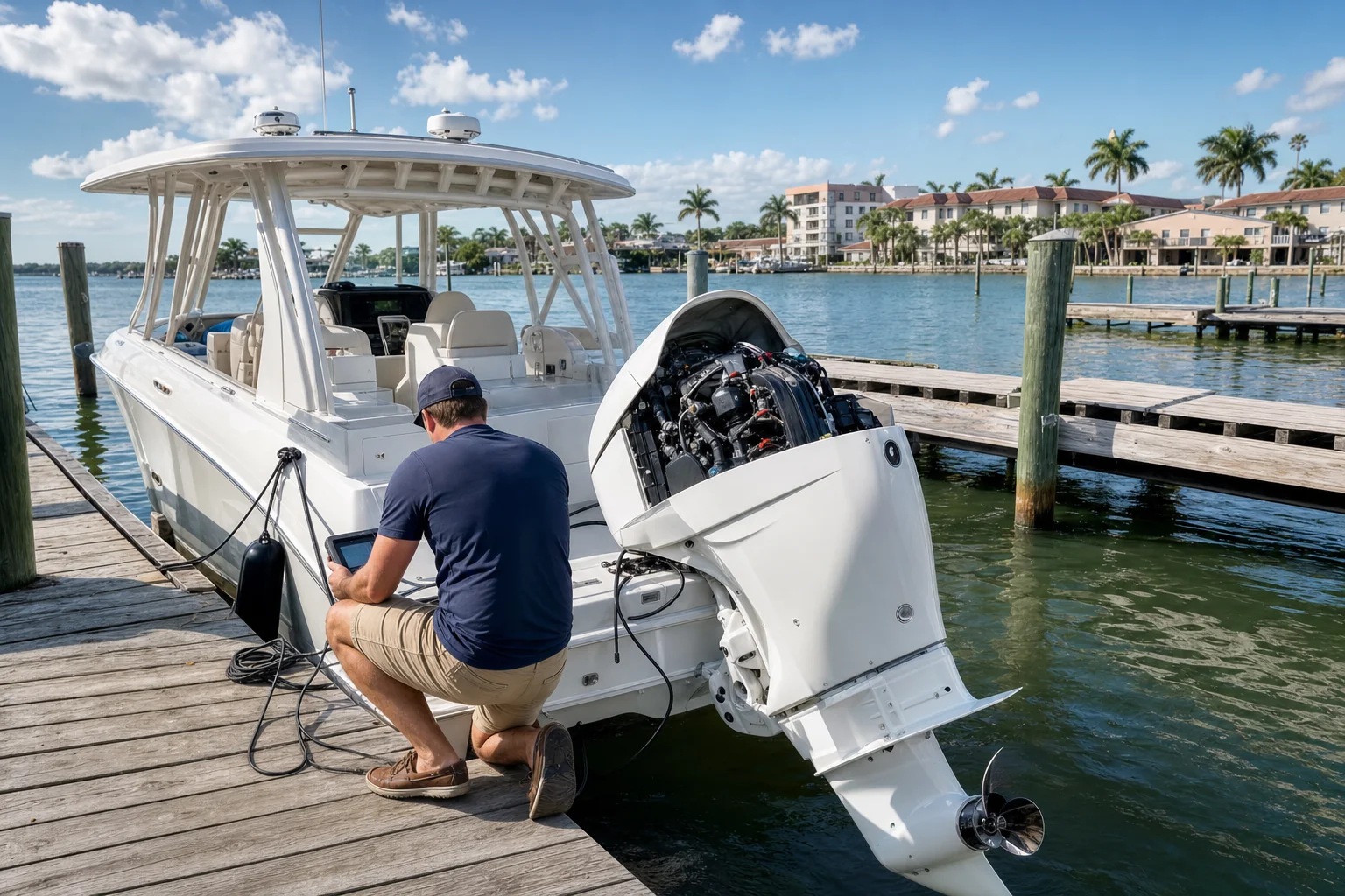 Mobile boat mechanic inspects outboard engine at Stuart marina dock with moored powerboat.