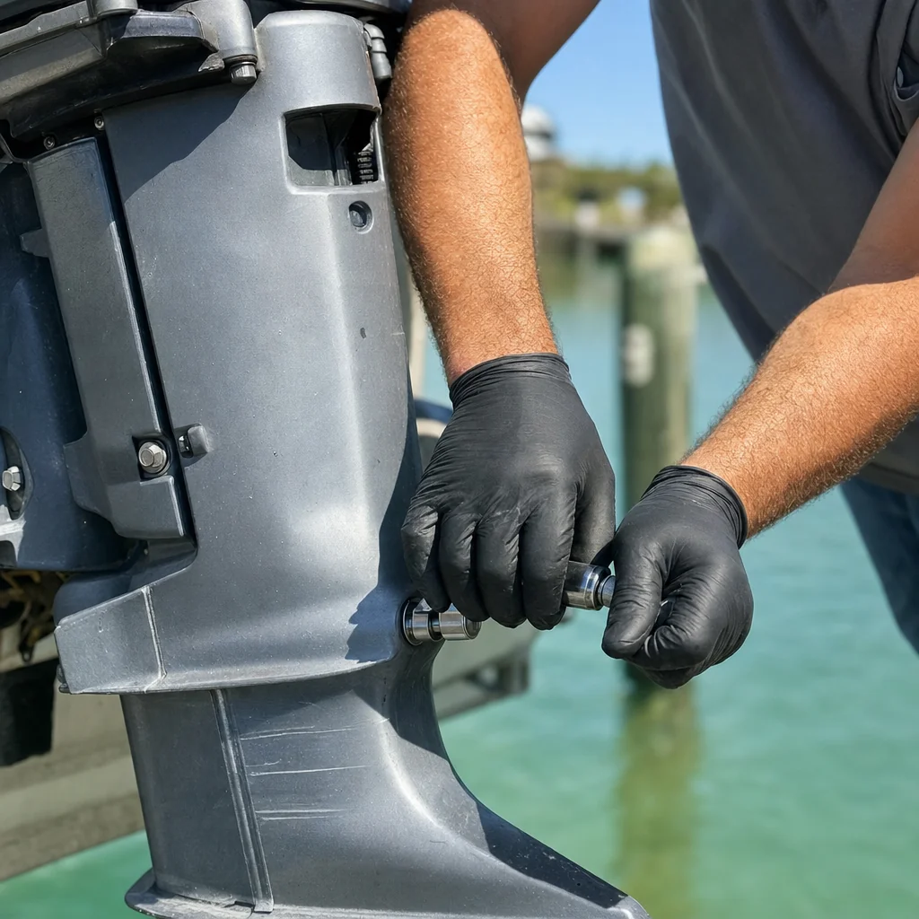 Mechanic's gloved hands working on outboard engine component at Stuart marina dock.
