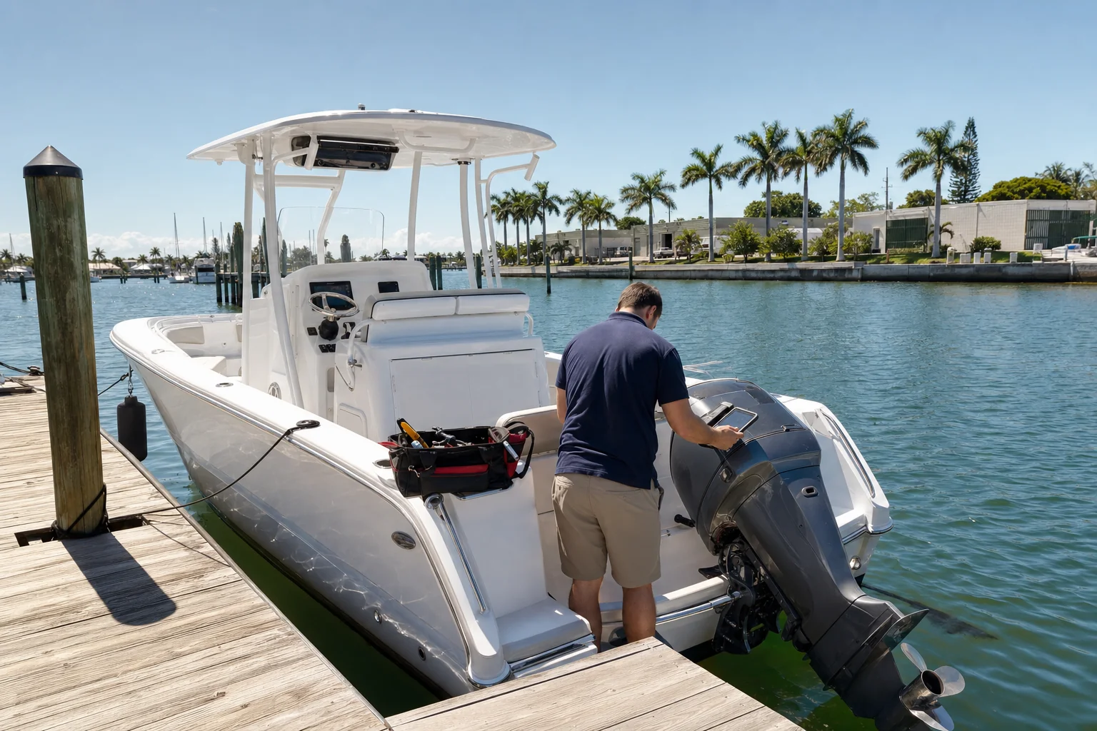 Mechanic with diagnostic tablet inspects outboard engine on boat at Stuart marina dock.