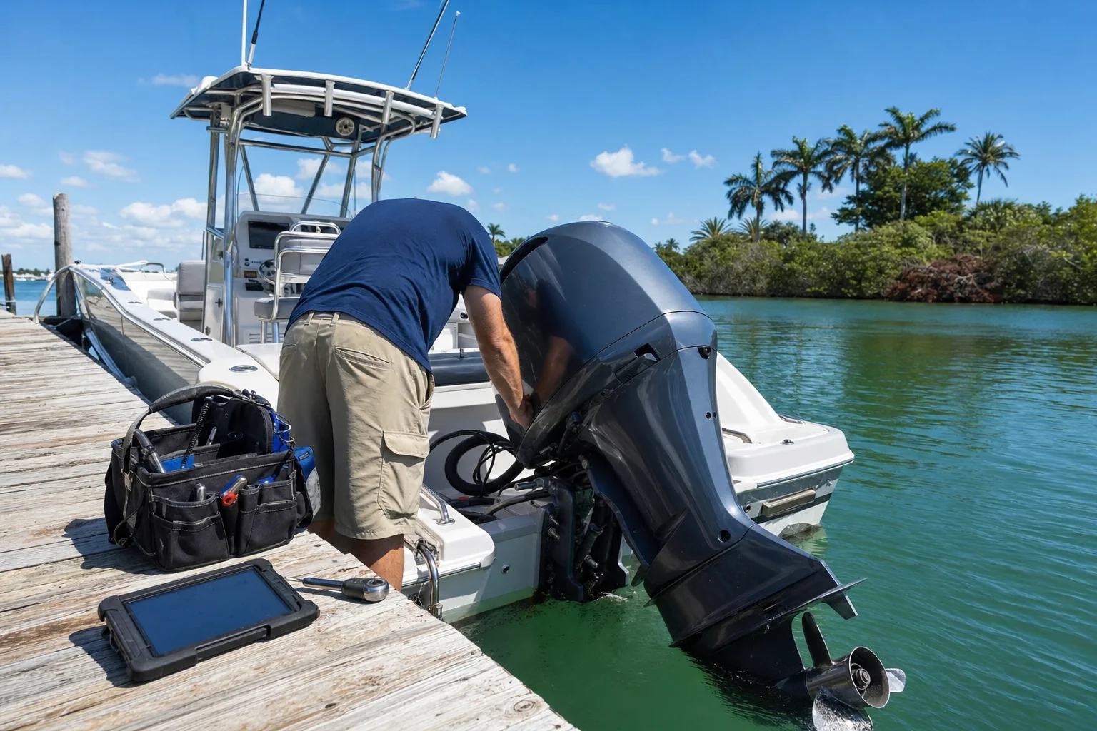 Mobile mechanic diagnosing outboard engine at Stuart marina dock with diagnostic tablet and tool bag.