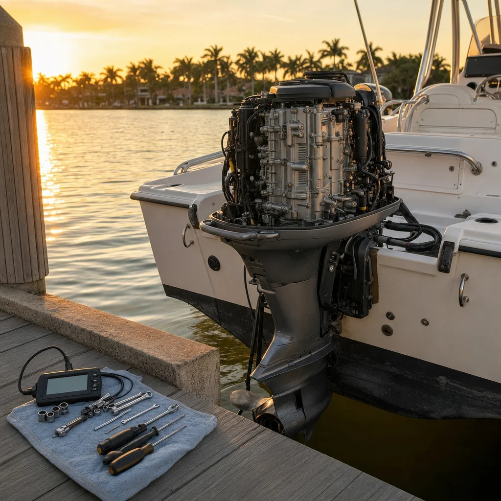 Outboard engine removed from boat at Stuart marina dock during golden-hour sunset with diagnostic tools nearby.