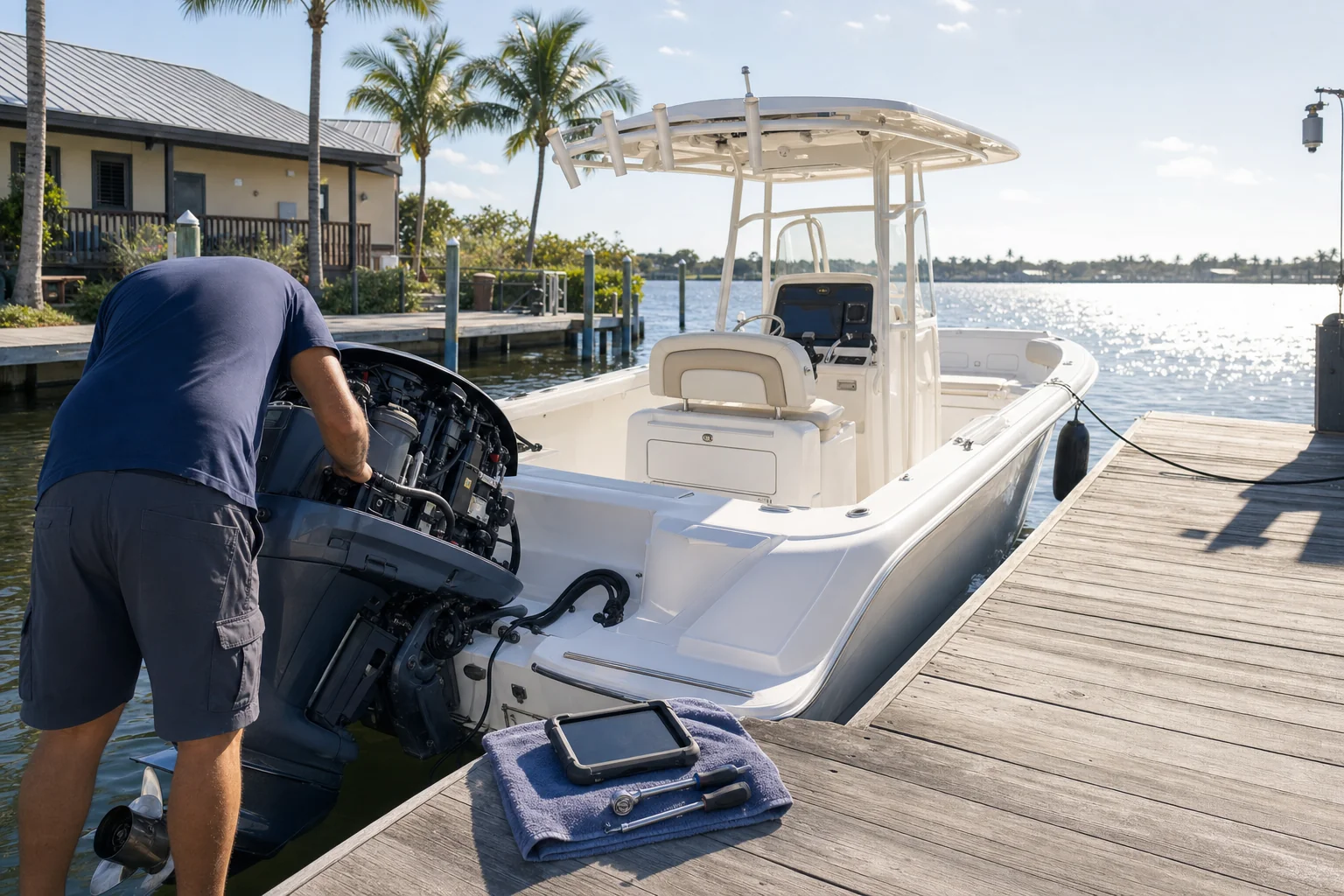 Mobile mechanic performs outboard engine diagnostics on boat at Stuart waterfront dock.