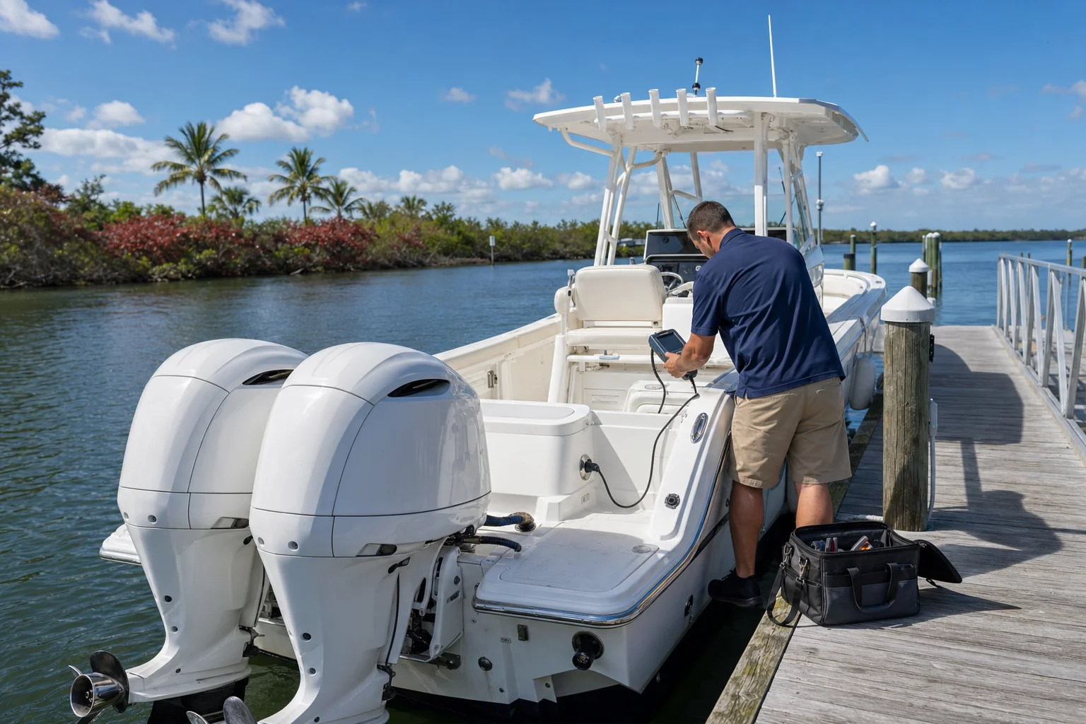 Mobile mechanic performs outboard engine diagnostics on dual-engine boat at Stuart marina dock.