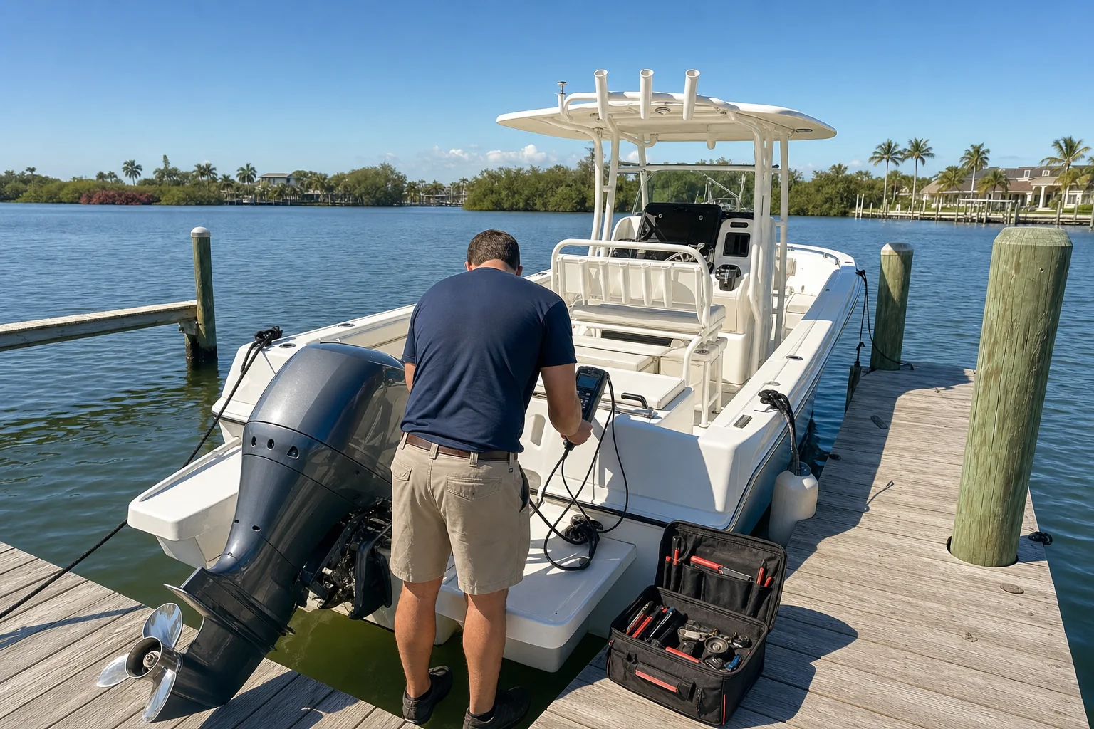 Mobile mechanic performs outboard engine diagnostics on recreational boat at Stuart marina dock.