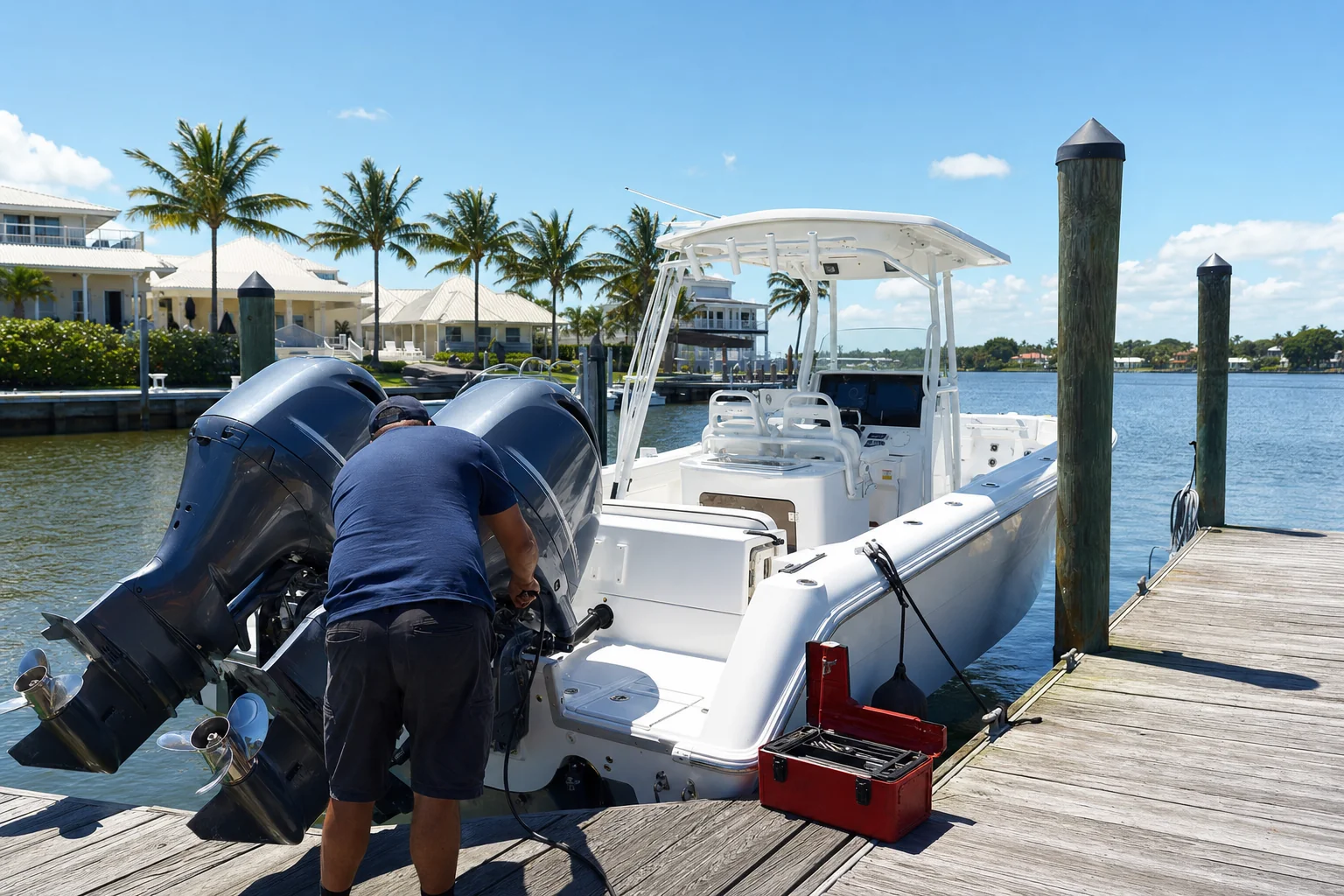 Mobile mechanic services dual outboard engines at Stuart marina dock with diagnostic tools.
