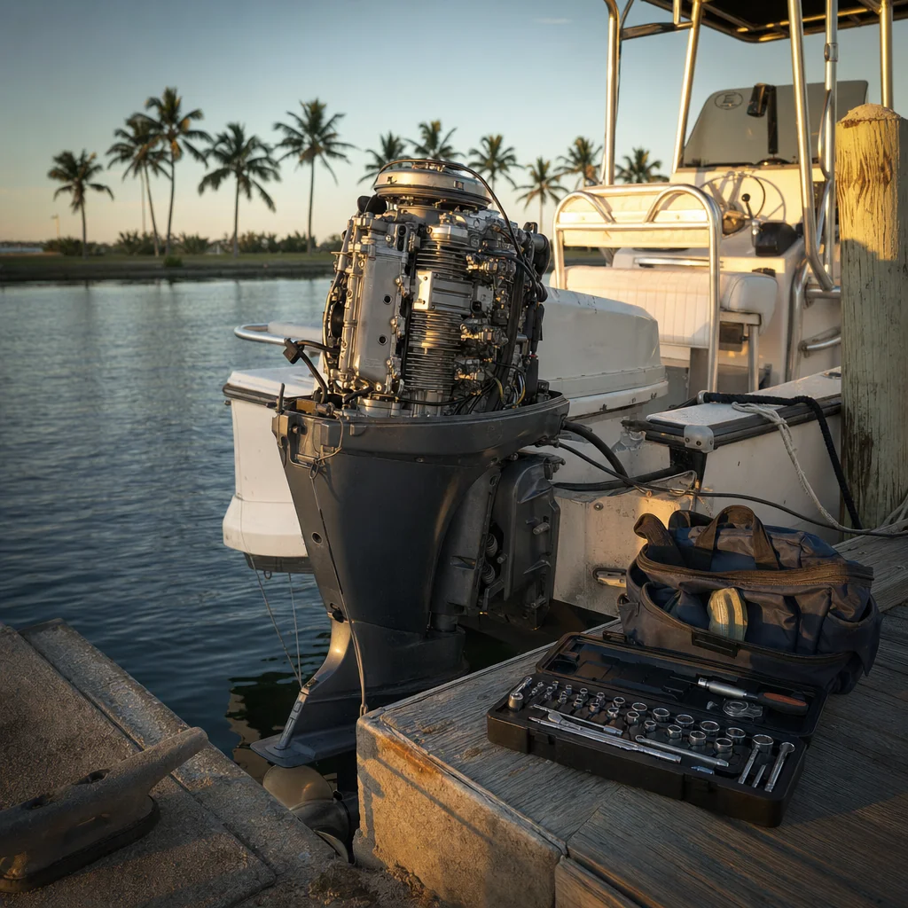 Outboard engine mounted on boat at Stuart marina dock with tool kit and palm trees at golden hour.