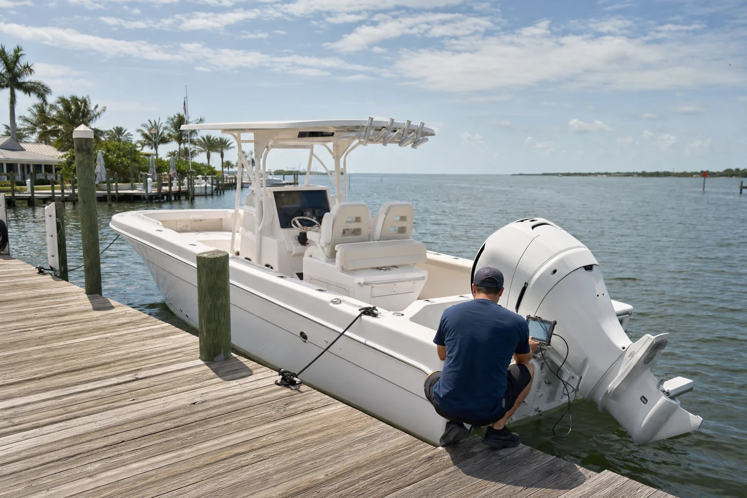 Mobile mechanic inspects outboard engine on recreational boat at Stuart marina dock.