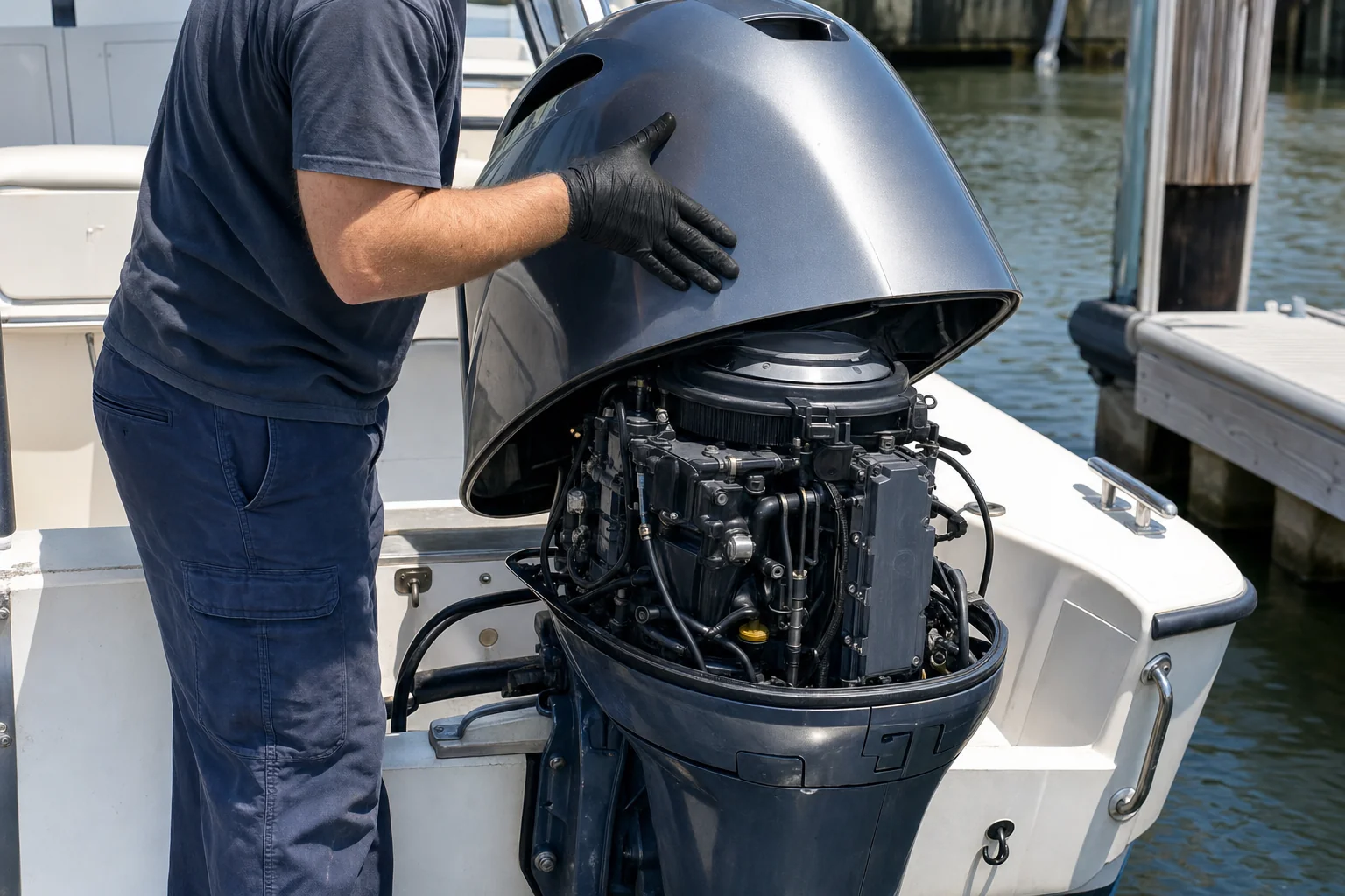 Mechanic inspecting outboard engine cowling at Stuart marina dock with boat moored behind.