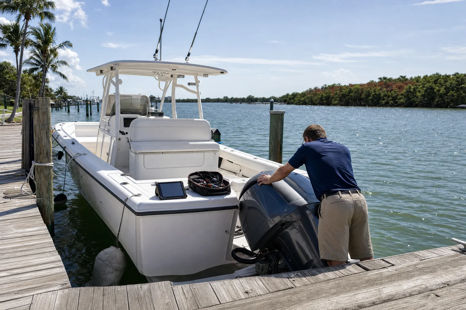 Marine mechanic inspects outboard engine on boat moored at Stuart dock with palms and waterway visible.