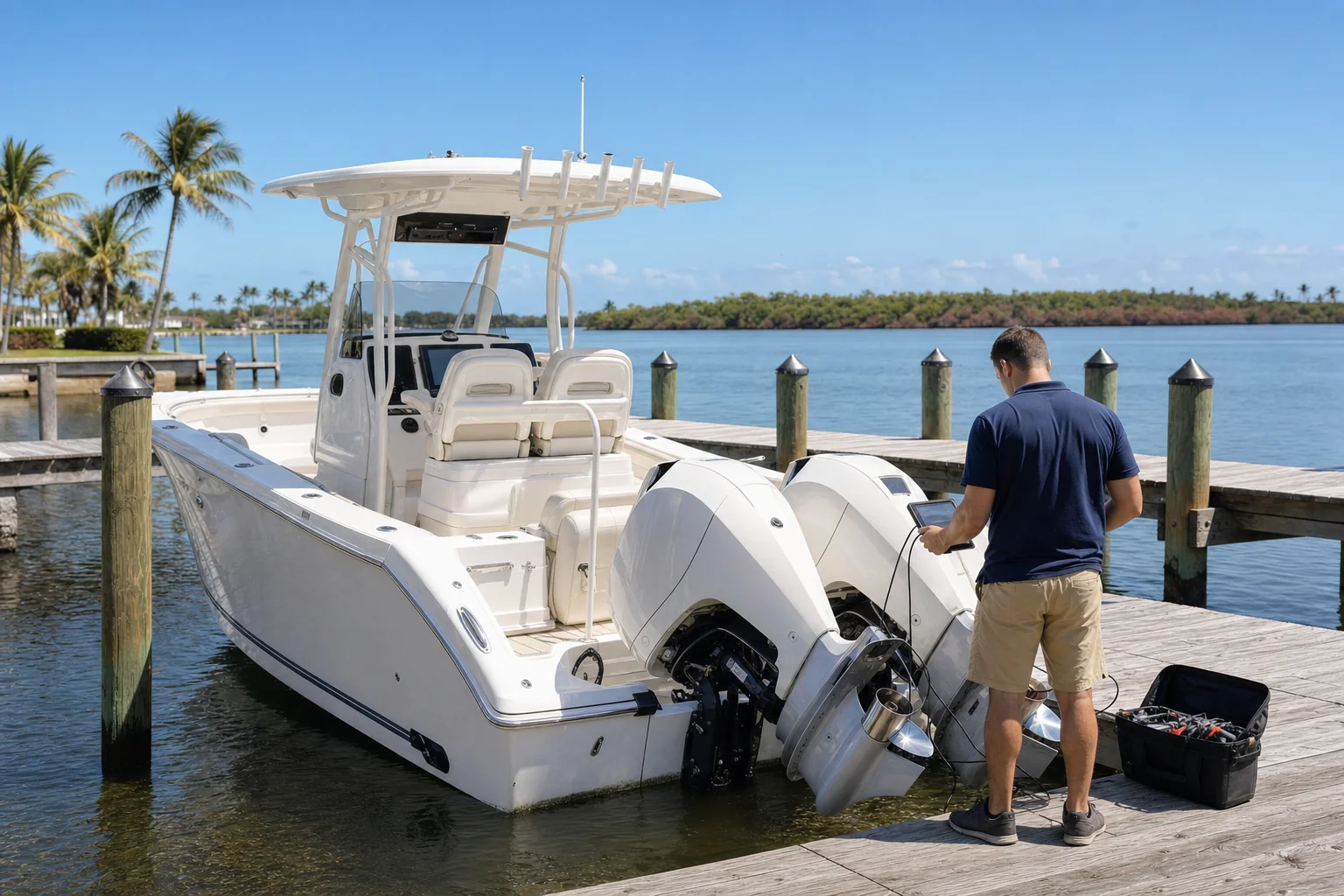 Mobile mechanic inspects dual outboard engines on recreational boat at Stuart marina dock.