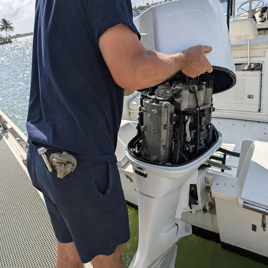 Mechanic inspects outboard engine on boat at Stuart marina with water and palms visible.