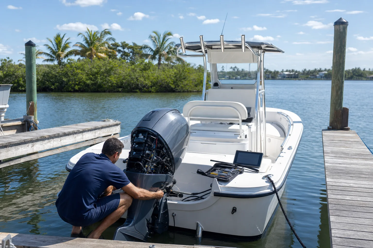 Mobile marine mechanic inspects outboard engine on boat at Stuart dock with palms and waterfront visible.