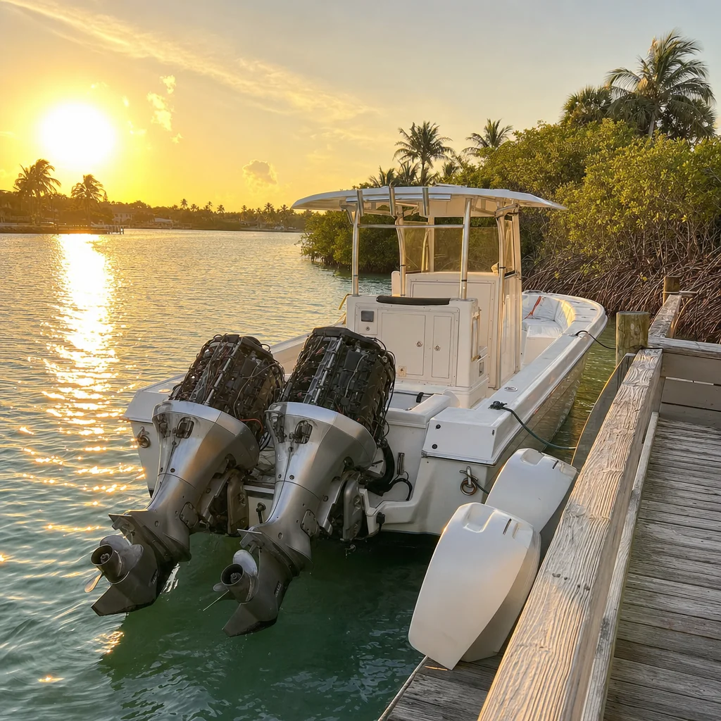 Twin outboard engines mounted on recreational powerboat moored at wooden dock at sunset in Stuart.