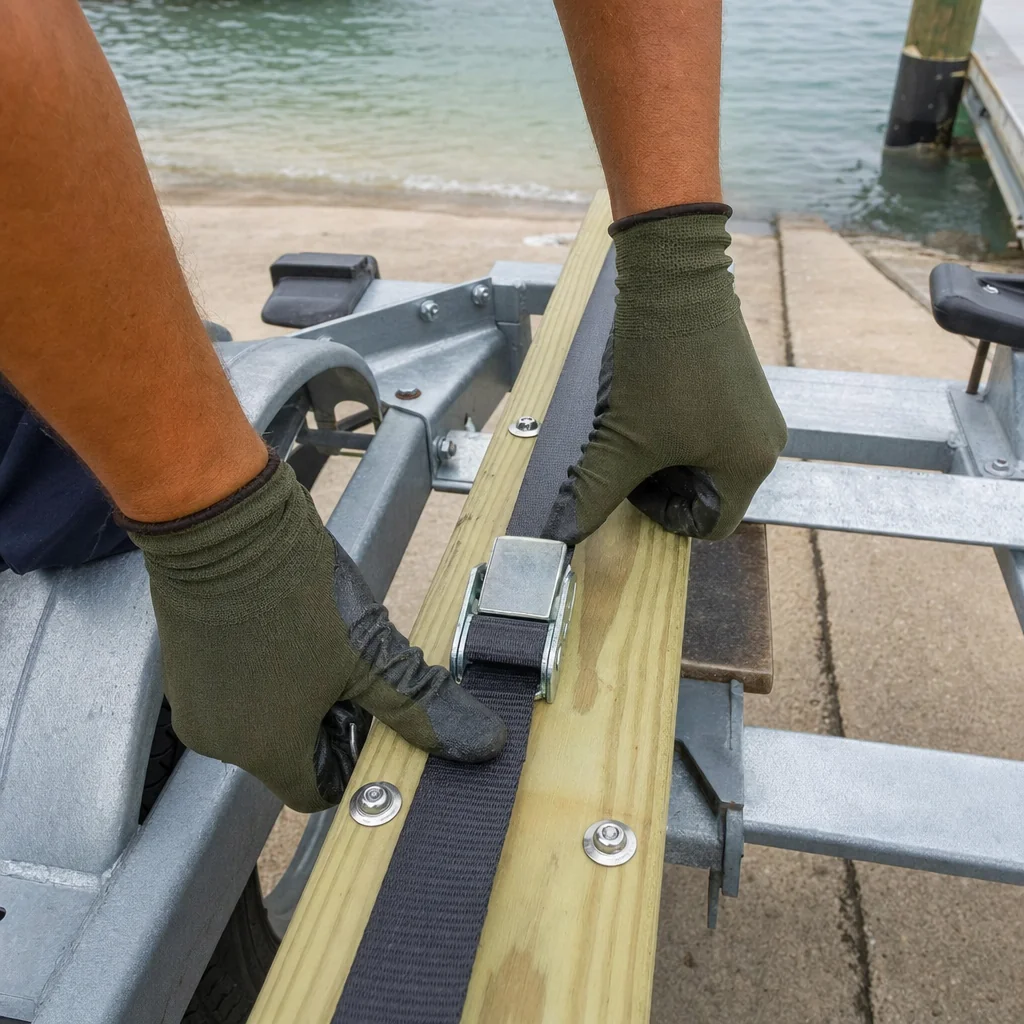 Hands in work gloves securing straps on boat trailer at Stuart waterfront dock.
