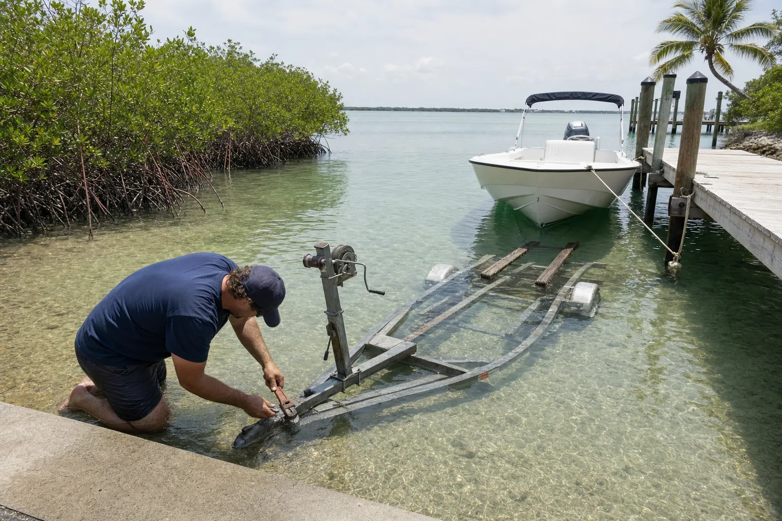 Mobile mechanic services boat trailer winch in shallow Stuart waterway with moored powerboat.